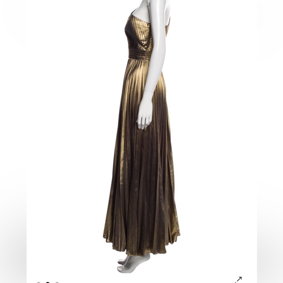 Marchesa Gold One Shoulder Pleated Metallic Evening Dress Gown - Picture 3 of 5